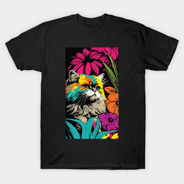 Persian Cat Vibrant Tropical Flower Tall Retro Vintage Digital Pop Art Portrait T-Shirt by ArtHouseFlunky